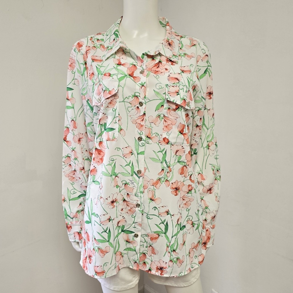 Tommy Hilfiger Blouse Shirt Size XL Floral Long Sleeve Button Down Preppy
